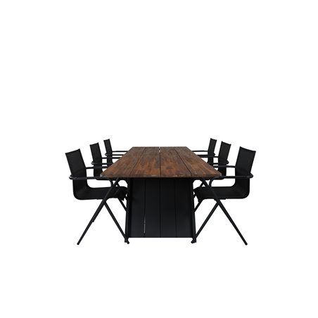 Doory Dining Table - musta teräs / akaasia top tiikki näyttää - 250 * 100cm, Alina Ruokatuoli - Musta Alu / Musta Textilene_6