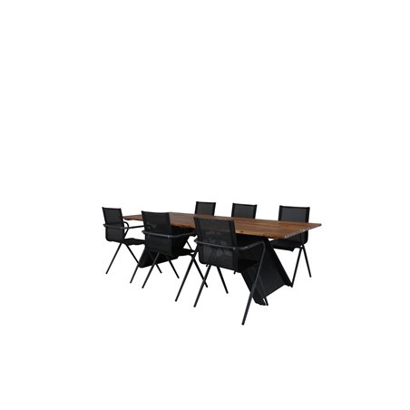 Doory Dining Table - musta teräs / akaasia top tiikki näyttää - 250 * 100cm, Alina Ruokatuoli - Musta Alu / Musta Textilene_6