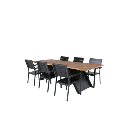 Doory Dining Table - musta teräs / akaasia yläosa tiikki näyttää - 250 * 100cm, Levels Chair (pinottava) - Musta Alu / Musta Ain