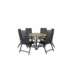 Cruz Dining Table - Black Steel / Acacia (teak look) ø140cm, Panama Light 5-pos-tuoli Black/musta ja teak_6