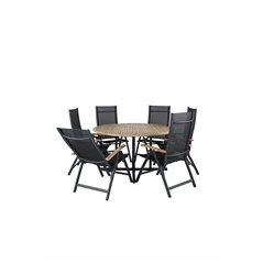 Cruz Dining table - Black Steel / Acacia (teak look) ø140cm, Panama Light 5-pos Chair Black / Black and teak_6