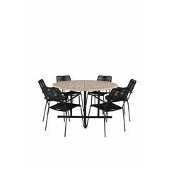 Cruz Dining Table - Black Steel / Acacia (teak look) Lindos Armchair - Black Alu / Black Rope