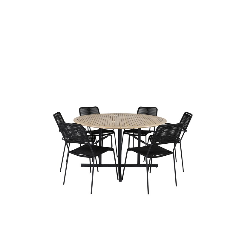 Cruz Dining Table - Black Steel / Acacia (teak look) Lindos Armchair - Black Alu / Black Rope