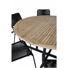 Cruz Dining Table - Black Steel / Acacia (teak look) Lindos Armchair - Black Alu / Black Rope