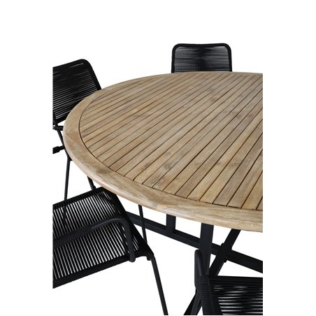 Cruz Dining Table - Black Steel / Acacia (teak look) Lindos Armchair - Black Alu / Black Rope