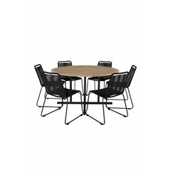 Cruz Dining Table - Black Steel / Acacia (teak look) ø140cm, Lindos Stacking Chair - Black Alu / Black Rope