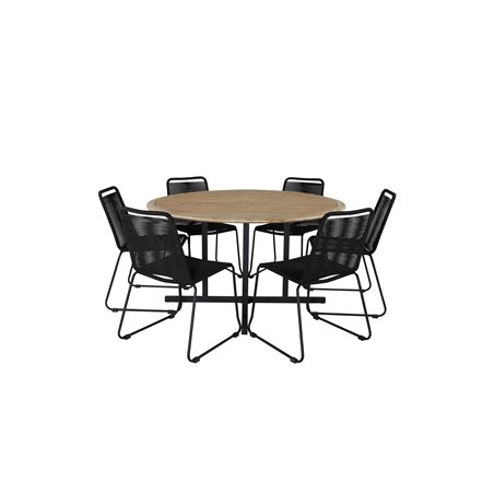 Cruz Dining Table - Black Steel / Acacia (teak look) ø140cm, Lindos Stacking Chair - Black Alu / Black Rope