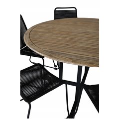 Cruz Dining Table - Black Steel / Acacia (teak look) ø140cm, Lindos Stacking Chair - Black Alu / Black Rope