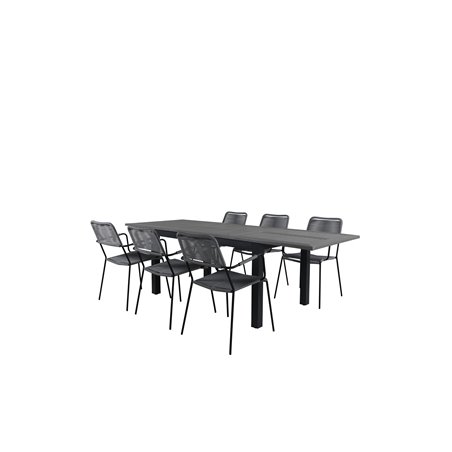 Albany Table - 160/240 - Black/Grey, Lindos Armchair - Black Alu / Grey Rope