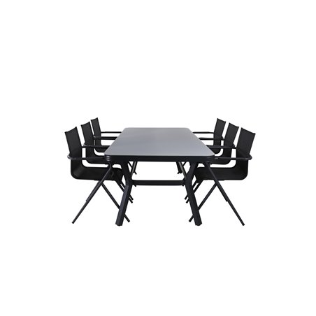 Virya Dining Table - Black Alu / Grey Glass - Big Table+Alina Dining Chair - Black Alu / Black Textilene