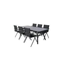 Virya Dining Table - Black Alu / Grey Glass - Big Table+Alina Dining Chair - Black Alu / Black Textilene