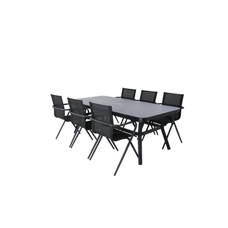 Virya Dining Table - Black Alu / Grey Glass - Big Table+Alina Dining Chair - Black Alu / Black Textilene