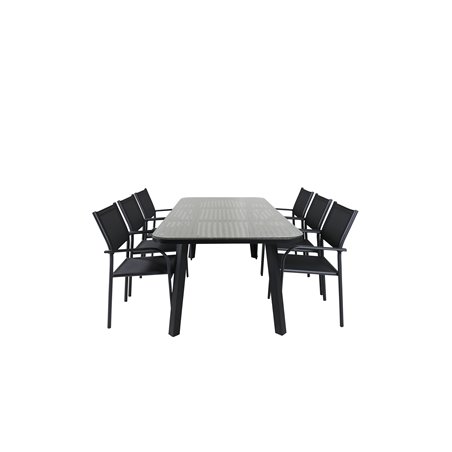 Paola Dining Table - Black Steel / Nature Wicker - 200*100+Santorini Arm Chair (Stackable) - Black alu / Black Textilene_6