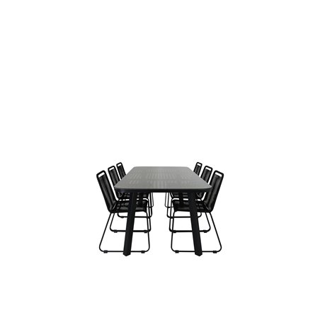 Paola Dining Table - Black Steel / Nature Wicker - 200*100+Lindos Stacking Chair - Black Alu / Black Rope_6