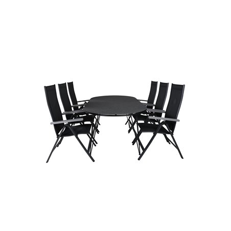 Viga Dining Table - Black Steel / Grey Spray glass - 200*100cm, Albany Light 5-pos - black / Black textilene and grey teak_6