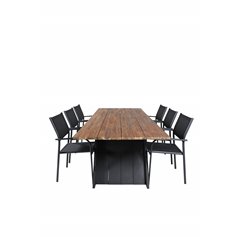 Doory Dining Table - black steel / acacia top in teak look - 250*100cm, Santorini Arm Chair (Stackable) - Black alu / Black Text