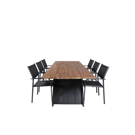 Doory Dining Table - black steel / acacia top in teak look - 250*100cm, Santorini Arm Chair (Stackable) - Black alu / Black Text