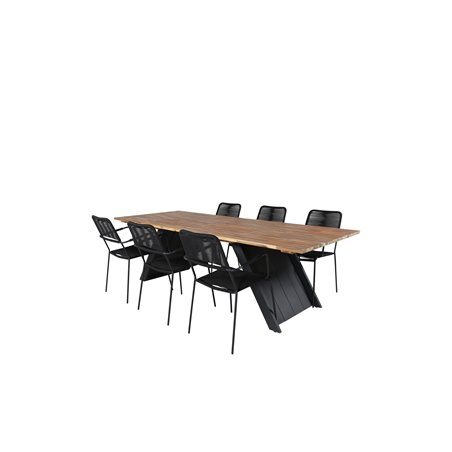 Doory Dining Table - musta teräs / akaasia yläosa tiikki-ilmeessä - 250 * 100cm, Lindos Nojatuoli - Musta Alu / Musta Rope_6