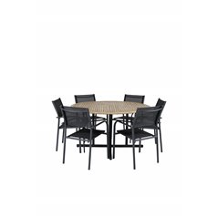 Cruz Dining Table - Black Steel / Acacia (teak look) ø140cm SanTorini Arm Chair Black Alu/Black Textilene (käytetty)