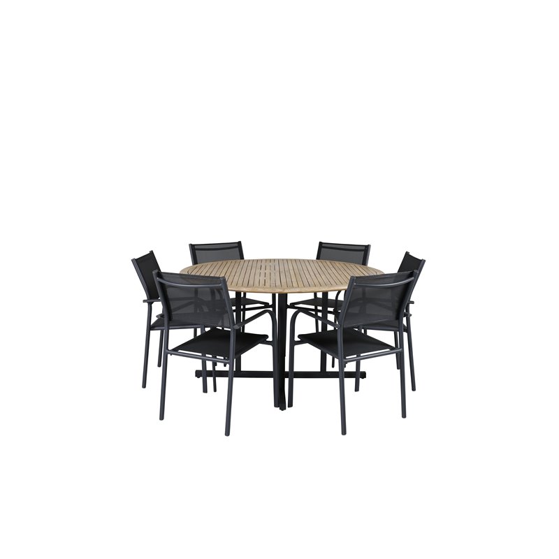 Cruz Dining Table - Black Steel / Acacia (teak look) ø140cm SanTorini Arm Chair Black Alu/Black Textilene (käytetty)