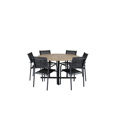 Cruz Dining Table - Black Steel / Acacia (teak look) ø140cm SanTorini Arm Chair Black Alu/Black Textilene (käytetty)