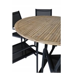 Cruz Dining table - Black Steel / Acacia (teak look) ø140cm, Santorini Arm Chair (Stackable) - Black alu / Black Textilene_6