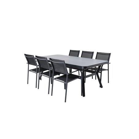 Virya Dining Table - Black Alu / Grey GlassSanTorini Arm Chair Black Alu/Black Textilene (käytetty)