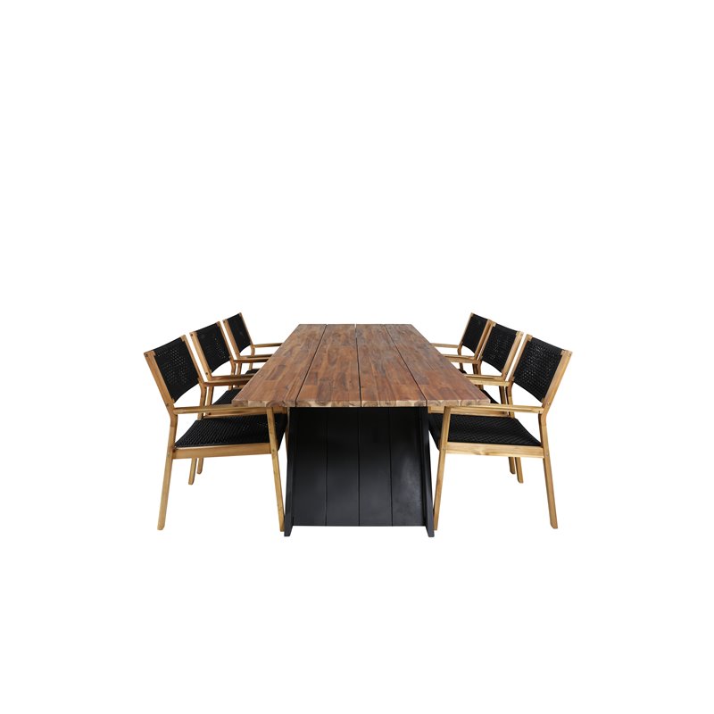 Doory Dining Table - musta teräs / akaasia-yläosa tiikki-ilmeessä - 250 * 100cm, Little John Dining Chair - Musta köysi / Akaasi