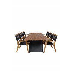 Doory Dining Table - black steel / acacia top in teak look - 250*100cm, Peter Stackable Dining Chair - Black Rope / Acacia KD_6