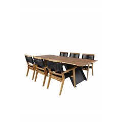 Doory Dining Table - musta teräs / akaasia-yläosa tiikki-ilmeellä - 250 * 100cm, Peter Stackable Dining Chair - Musta köysi / Ak