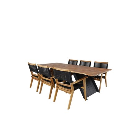 Doory Dining Table - musta teräs / akaasia-yläosa tiikki-ilmeellä - 250 * 100cm, Peter Stackable Dining Chair - Musta köysi / Ak