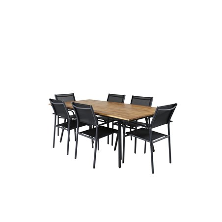 Chan Dining Table - Black Steel / AcaciaSanTorini Arm Chair Black Alu/Black Textilene (käytetty)