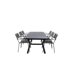 Virya Dining Table - Black Alu / Grey Glass Big Table+Lindos Armchair - Black Alu / Grey Rope