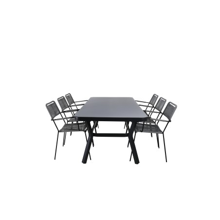 Virya Dining Table - Black Alu / Grey Glass - big table+Lindos Armchair - Black Alu / Grey Rope_6