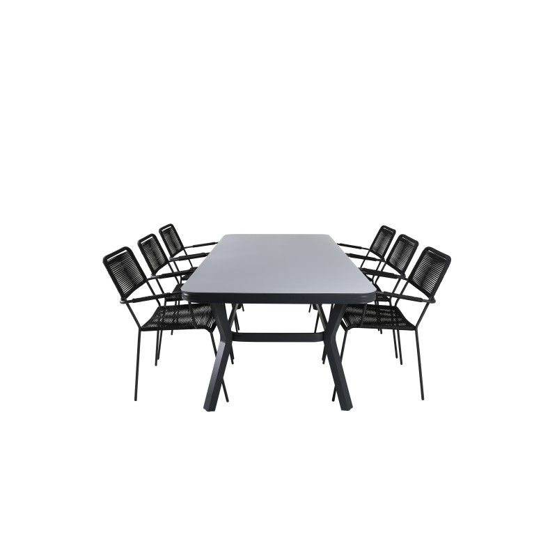 Virya Dining Table - Black Alu / Grey Glass Big Table+Lindos Armchair - Black Alu / Black Rope