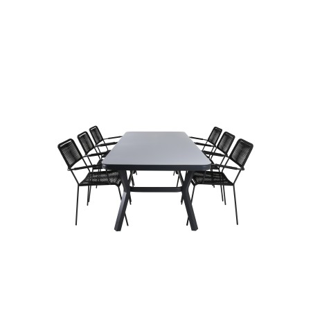 Virya Dining Table - Black Alu / Grey Glass - big table+Lindos Armchair - Black Alu / Black Rope_6