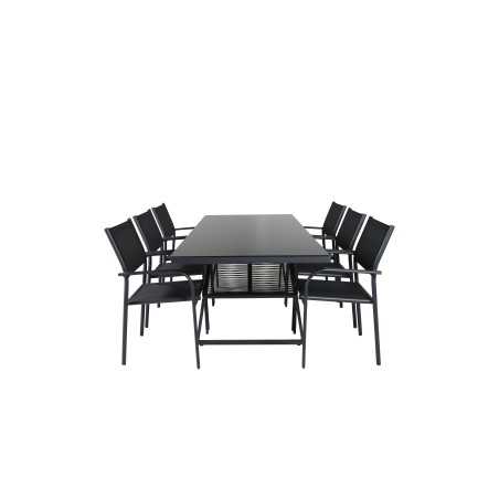 Dallas Matbord + Santorini Armstol (stapelbar) - Svart Aluminium / Svart Textilene_6