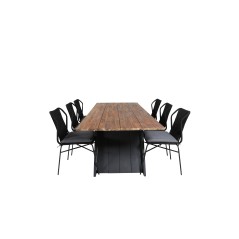 Doory Dining Table - black steel / acacia top in teak look - 250*100cm, Julian Dining Chair - Black Steel / Black Rope (stackabl