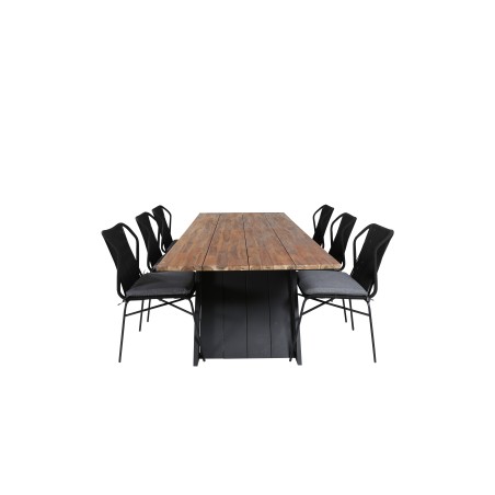 Doory Dining Table - black steel / acacia top in teak look - 250*100cm, Julian Dining Chair - Black Steel / Black Rope (stackabl