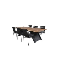 Doory Dining Table - black steel / acacia top in teak look - 250*100cm, Julian Dining Chair - Black Steel / Black Rope (stackabl