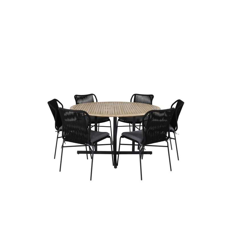 Cruz Dining - Black Steel / Acacia (teak look) ø140cm, Julian Dining Chair - Black Steel / Black Rope 6 6