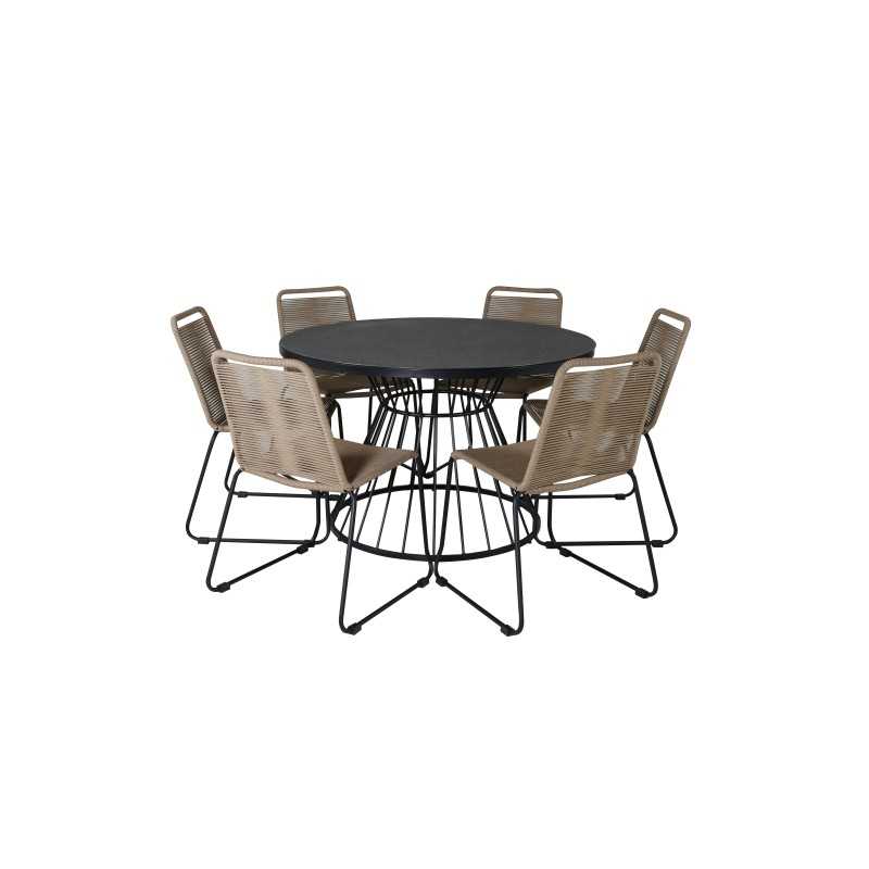 Tropea Dining Table - Black Steel / Grey Spray Glass, Lindos Stacking Chair - Black Alu / Latte Rope