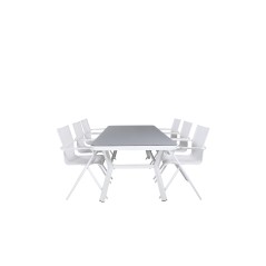 Virya Dining Table - White Alu / Grey Glass - Big Table+Alina Dining Chair - White Alu / Valkoinen tekstiili