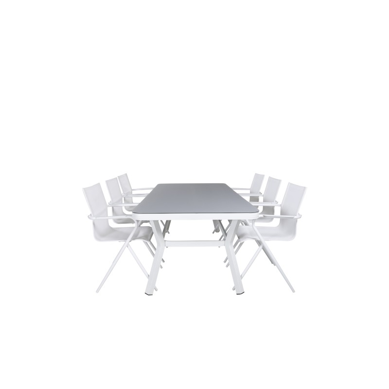 Virya Dining Table - White Alu / Grey Glass - Big Table+Alina Dining Chair - White Alu / Valkoinen tekstiili