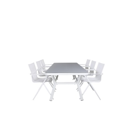 Virya Dining Table - White Alu / Grey Glass - Big Table+Alina Dining Chair - White Alu / Valkoinen tekstiili