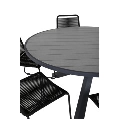 Parma - Table ø 140 - Black Alu /Grey Aintwood, Lindos Stacking Chair - Black Alu / Black Rope_6