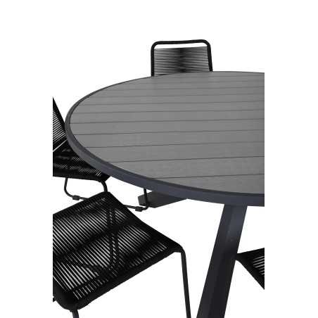 Pöytä 140 - Black Alu/Grey Aintwood, Lindos Stacking Chair - Black Alu / Black Rope