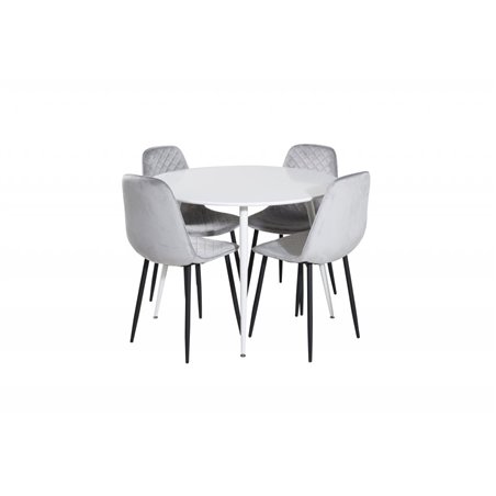 Plaza Round Table 100 cm - White top / White Legs, Polar Diamond Dining Chair - Black Legs - Grey Velvet_4