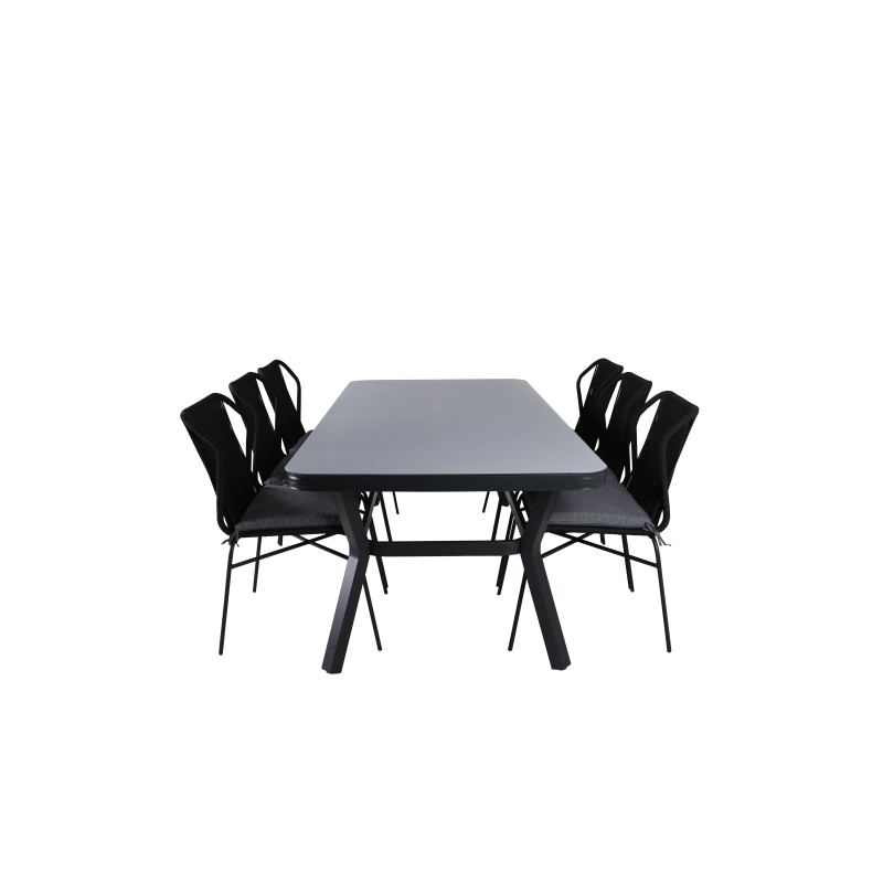 Virya Dining Table - Black Alu / Grey Glass - Big Table+Julian Dining Chair - Black Steel / Black Rope 6 6