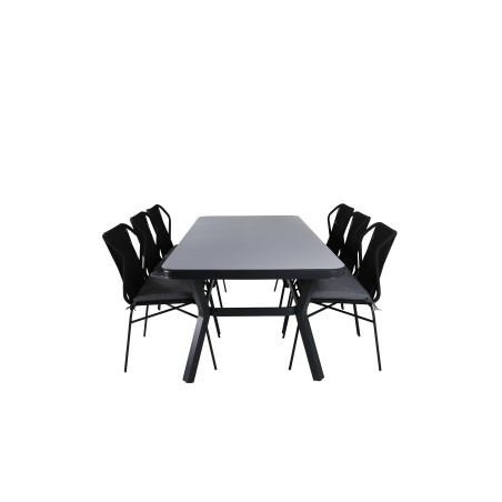 Virya Dining Table - Black Alu / Grey Glass - Big Table+Julian Dining Chair - Black Steel / Black Rope 6 6